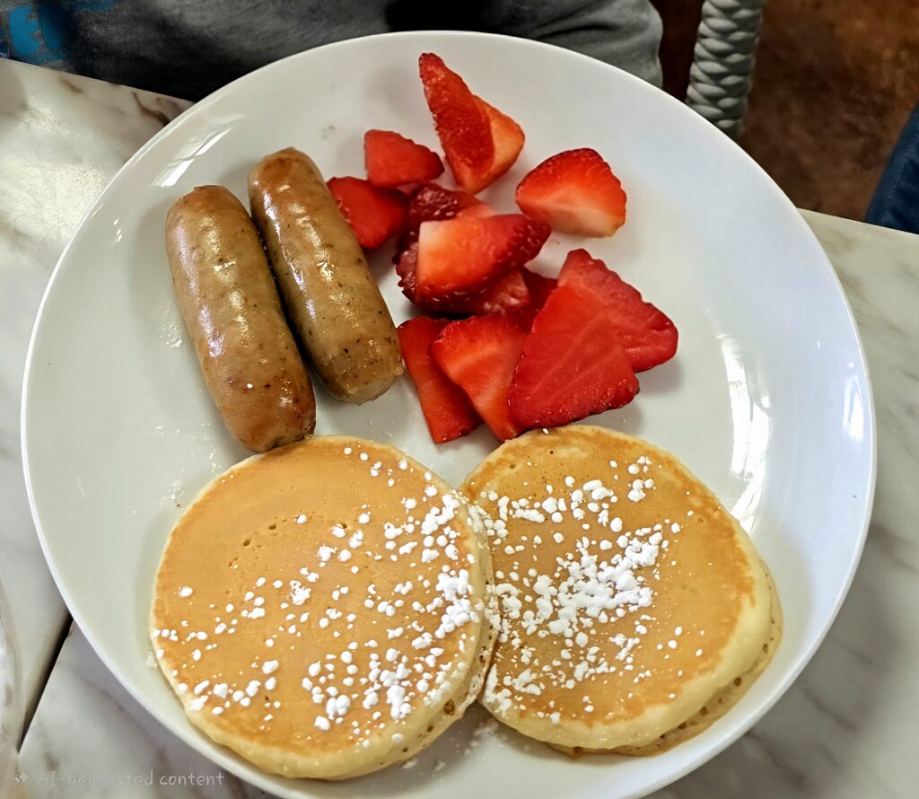 Kids pancake plate with fresh strawberries and chicken sausage prepared dairy-free at JoJo Coffeehouse.