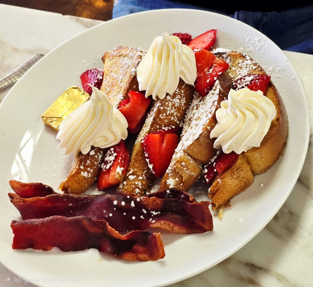 Classic French toast topped with fresh strawberries, powdered sugar, and whipped cream at JoJo Coffeehouse.