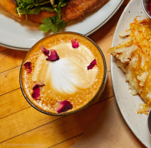 A close-up, overhead view of a rose cardamom latte with soft crema and scattered dried rose petals, sitting on a wooden café table beside plates of brunch dishes.