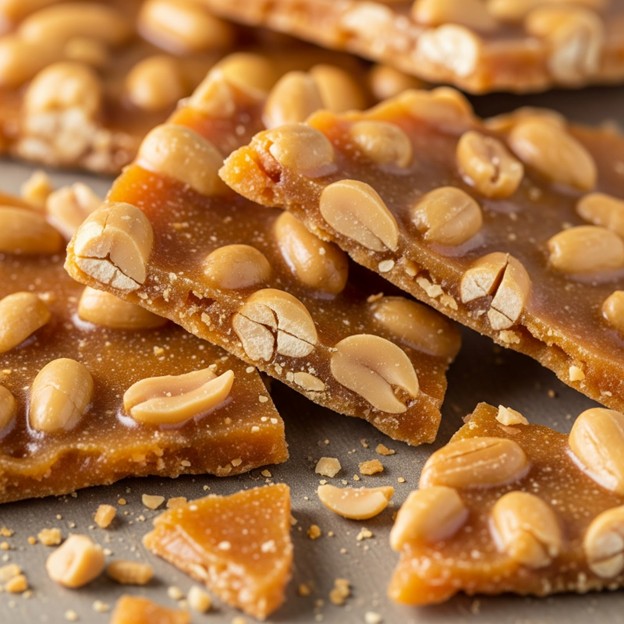 Broken pieces of peanut brittle showing thin, caramelized shards with embedded peanuts