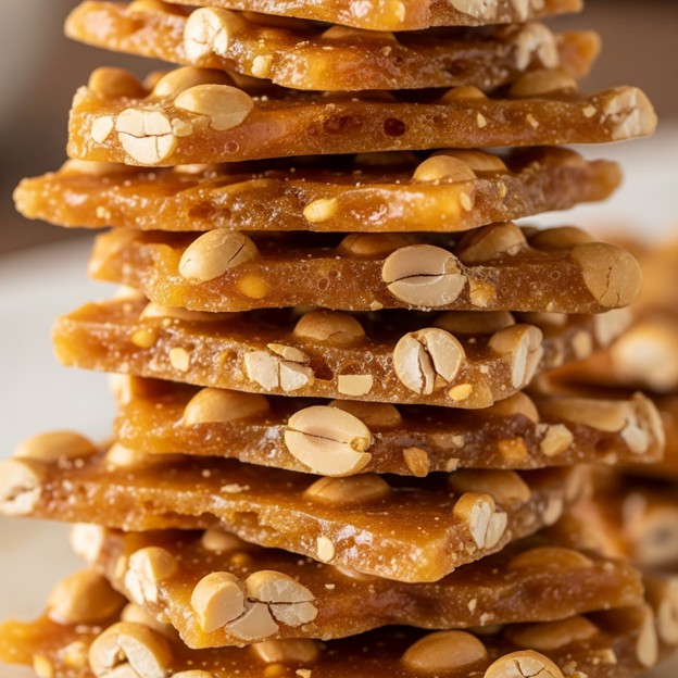 Classic peanut brittle stacked in thin, caramelized layers